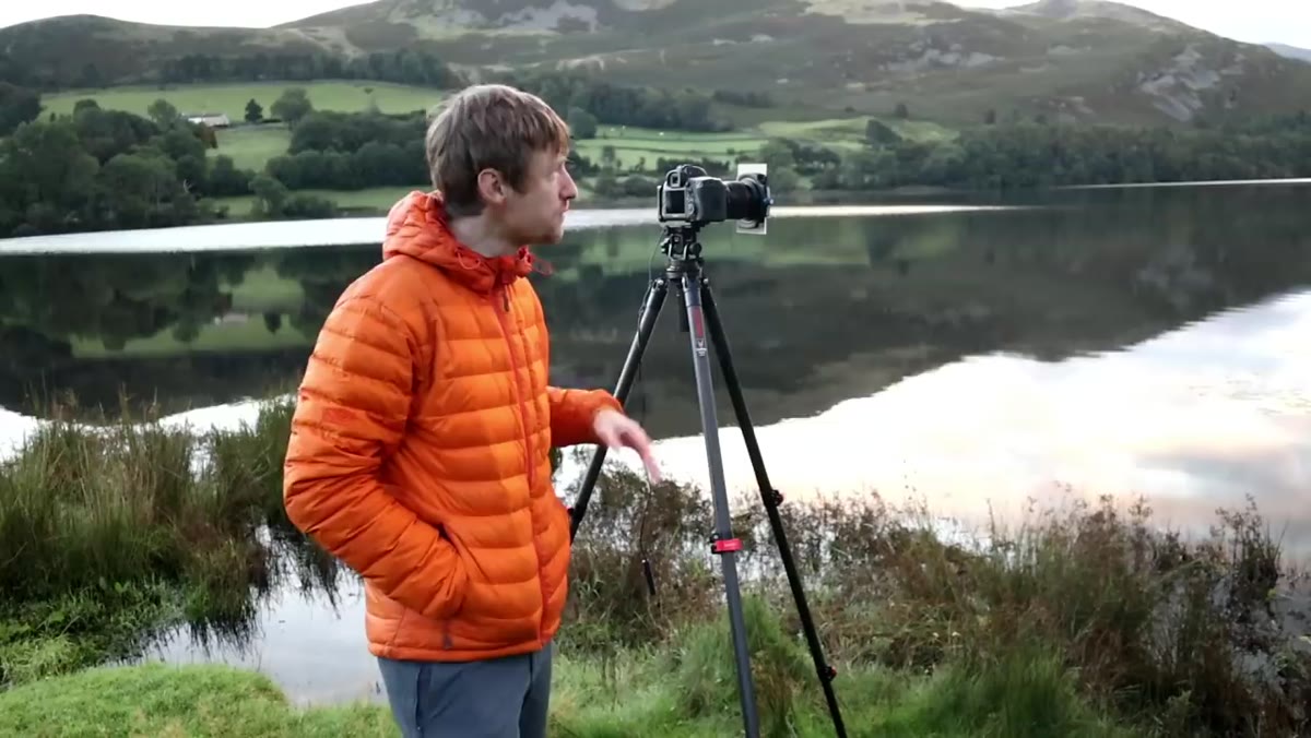 Camera framing of lily pads on water surface with mountains behind
