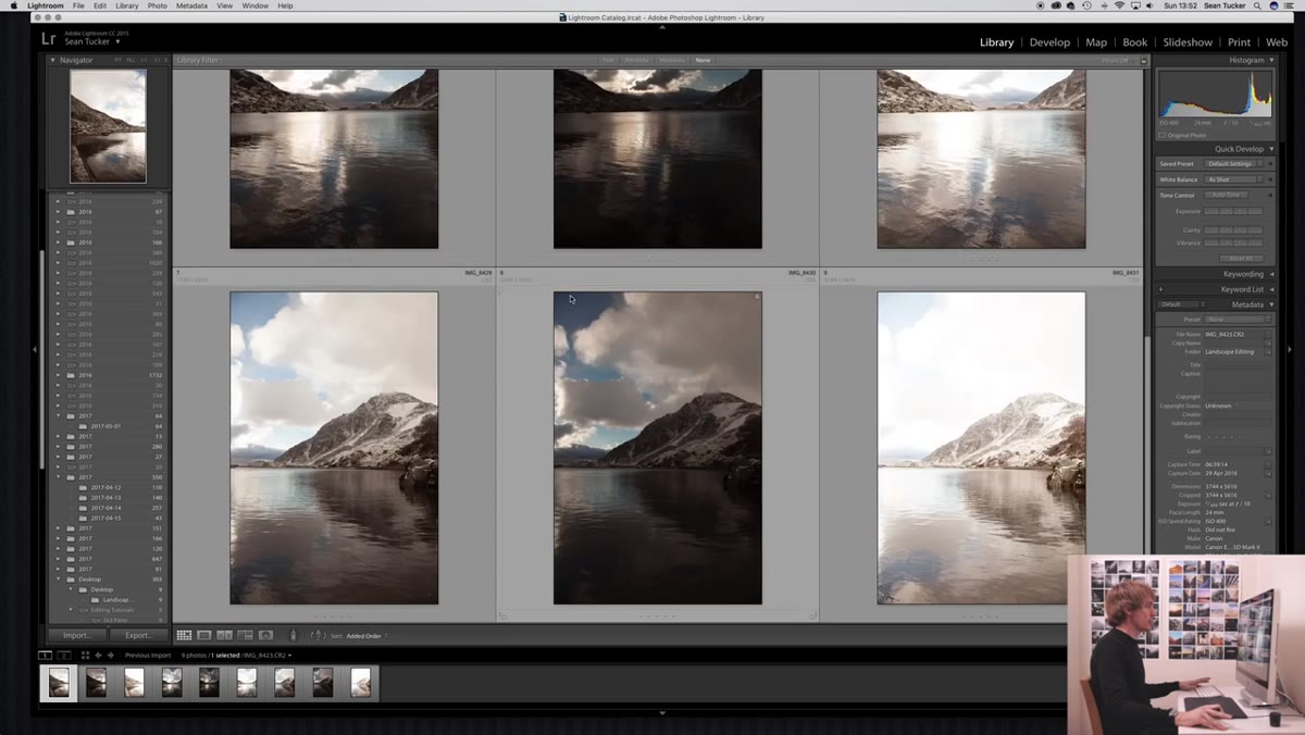 Lightroom grid with three bracketed frames selected, right-click menu open