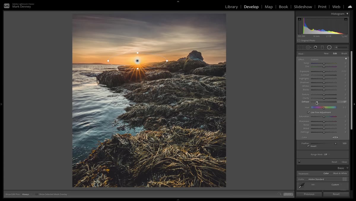Dehaze slider pulled negative, sun softening in preview