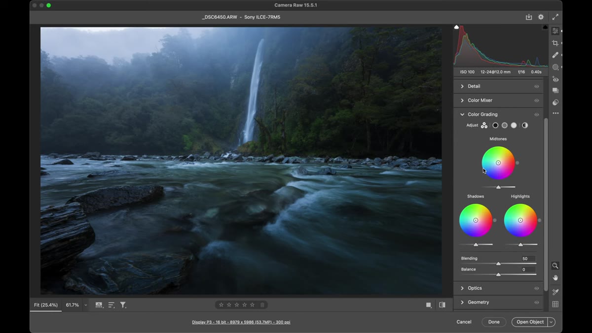 Color grading panel open showing midtones, shadows, and highlights wheels