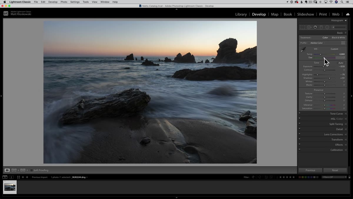 White balance sliders shifted toward blue and magenta in the Basic panel