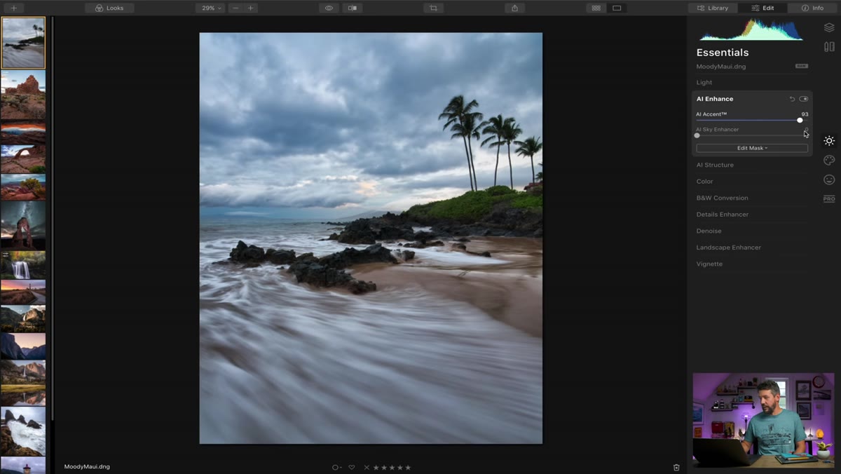 AI Accent slider being pushed toward 100 on a landscape image