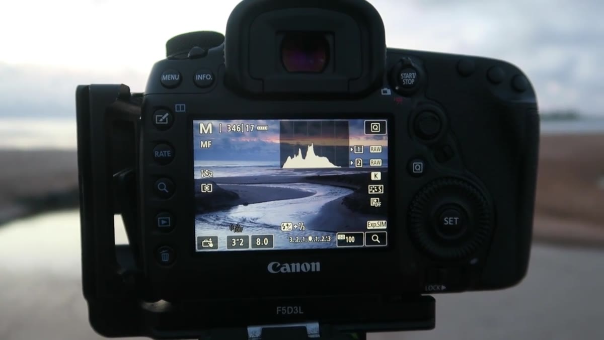 Camera settings displayed: f/8, 3.2 second exposure, 4-stop ND filter