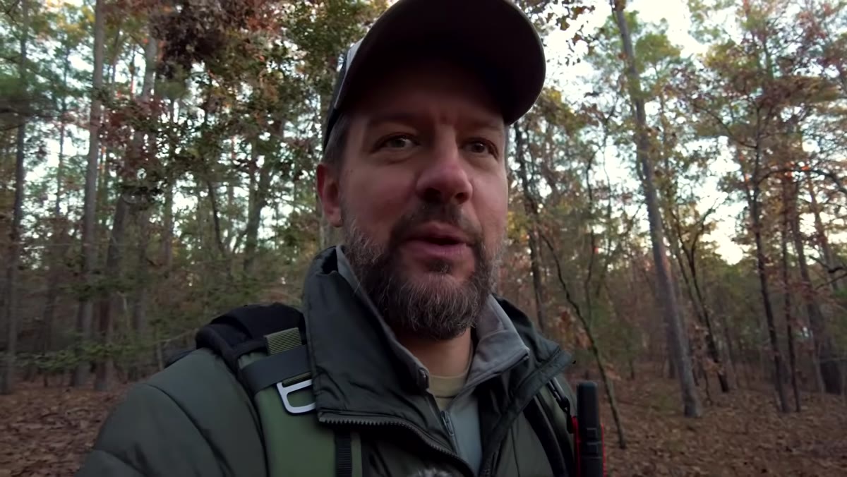 Photographer moving through woodland with camera raised