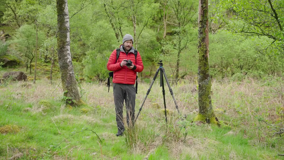 Danson walking and handholding camera through woodland
