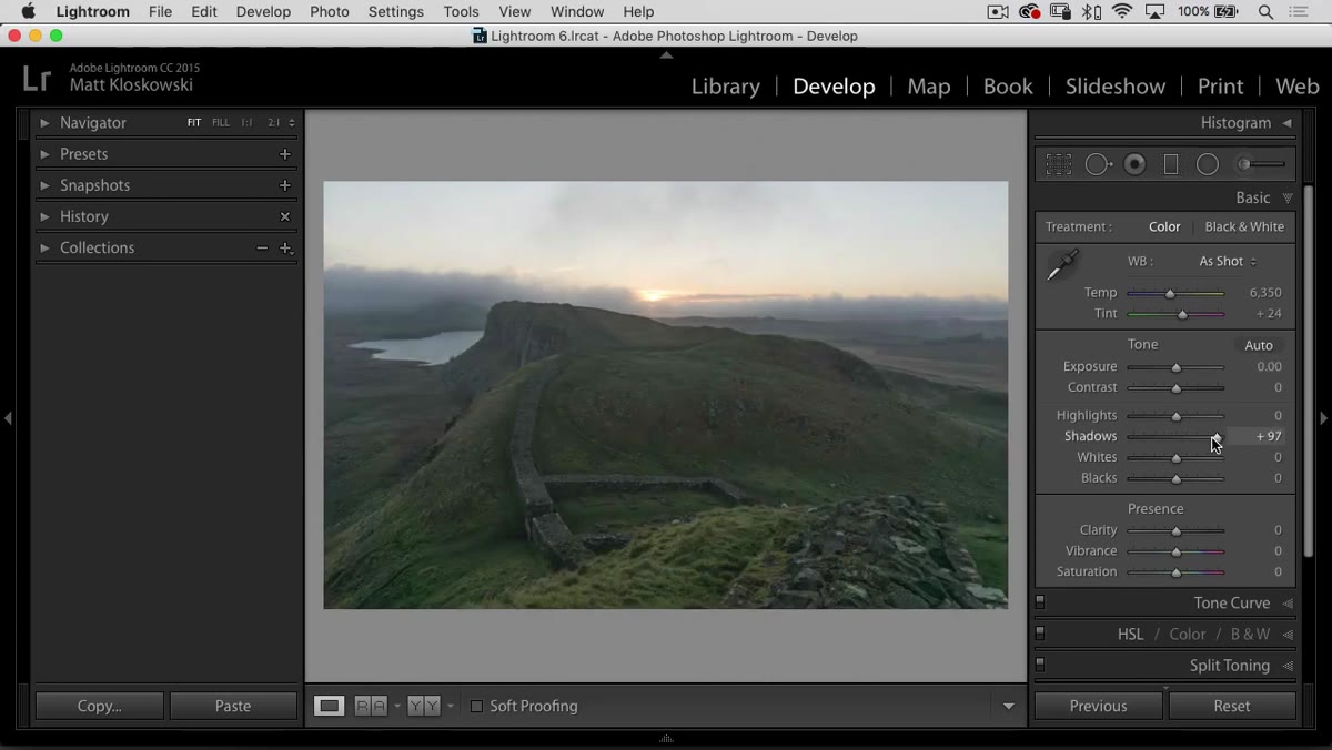 Basic panel open, shadow slider being pushed right