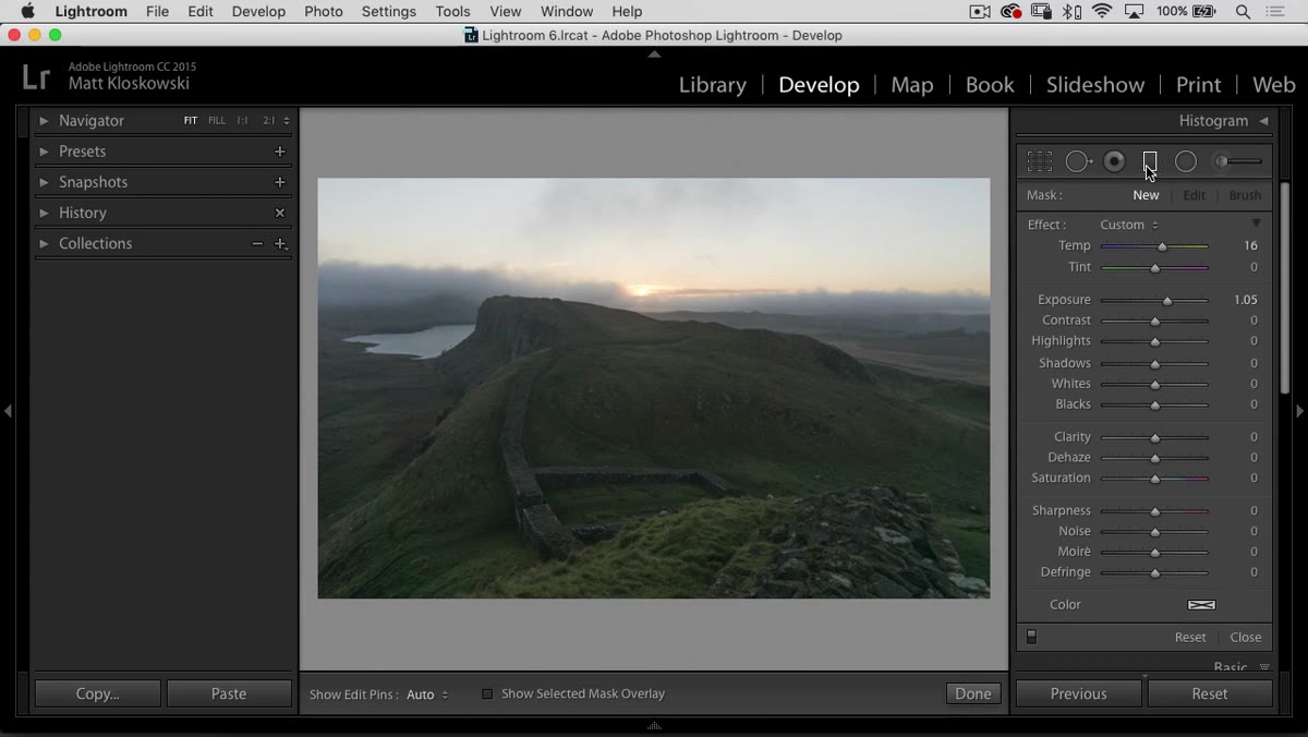 Graduated filter applied from top, exposure pulled down over sky