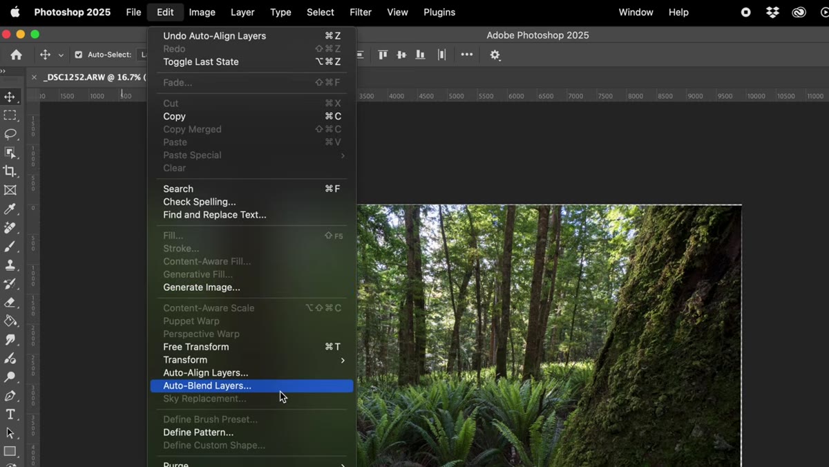 Auto Blend Layers dialog with Stack Images option selected