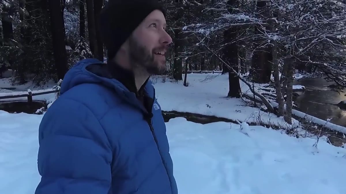 Nigel arriving at Yosemite valley with snow still on ground