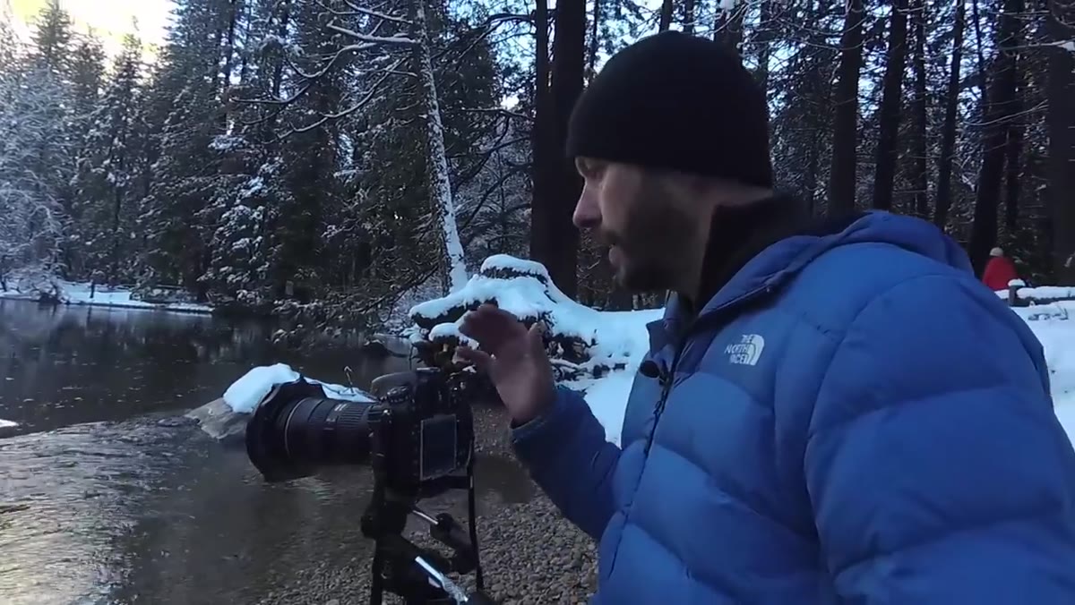 Wide shot showing stream leading eye toward frost-covered background trees