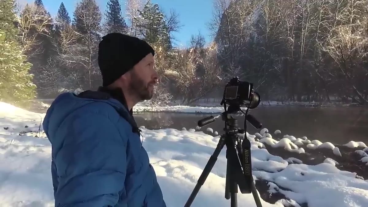 Nigel framing a snow-and-mist scene, discussing exposure without filters