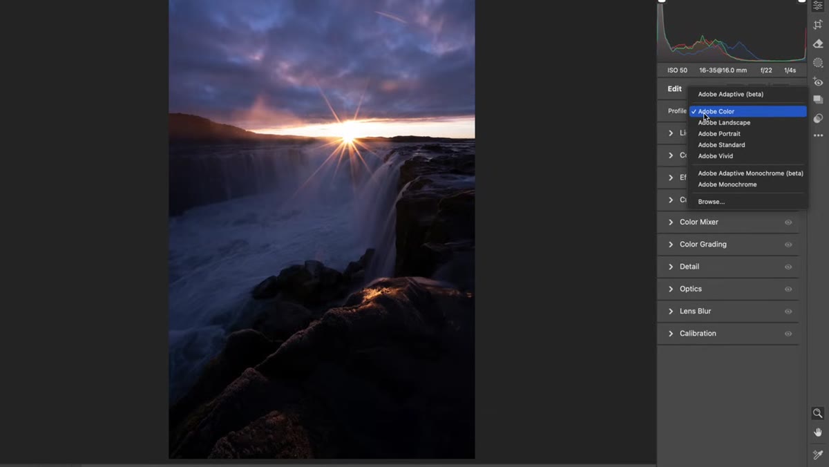 Profile tab open with Landscape profile selected