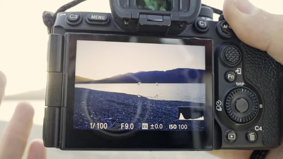 Backlit sunset scene with histogram just kissing right edge