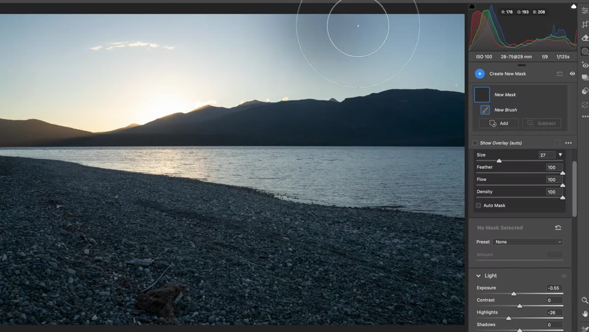 Raising exposure in post while histogram shows shadow-heavy capture