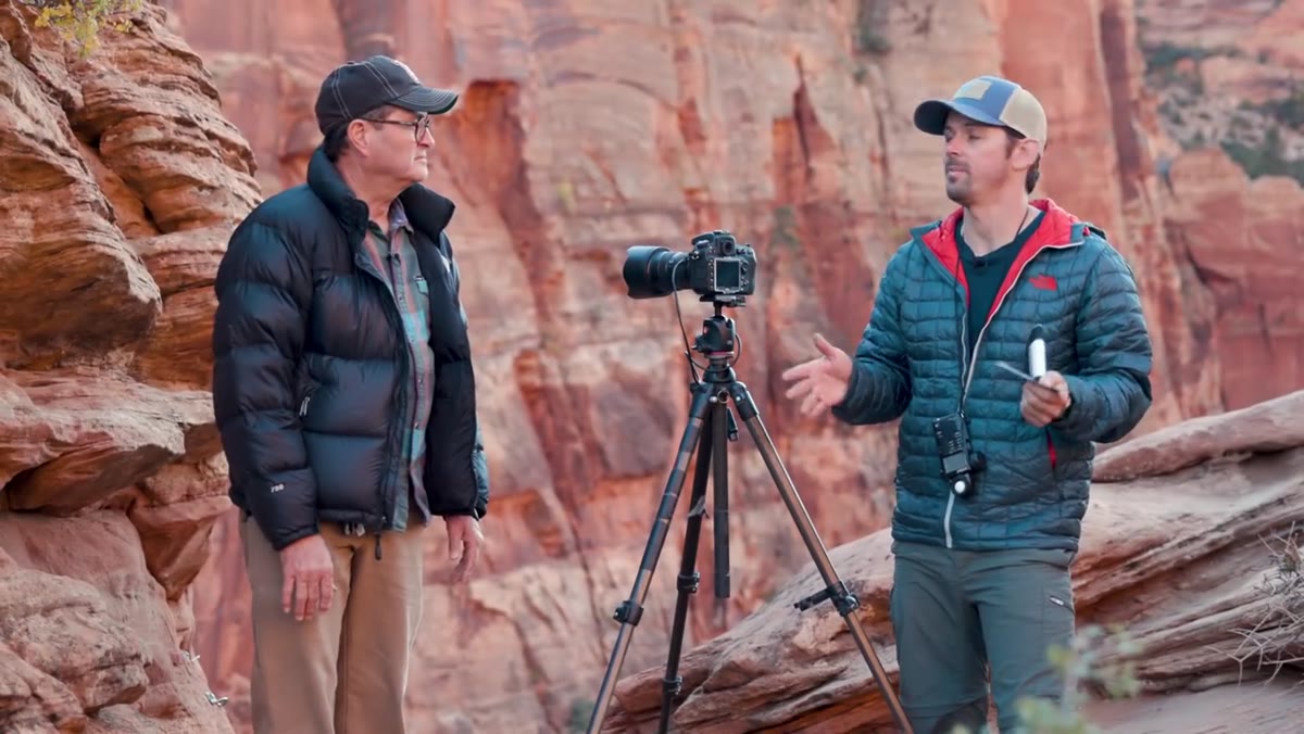 Wide shot of both photographers with full kit set up in Zion