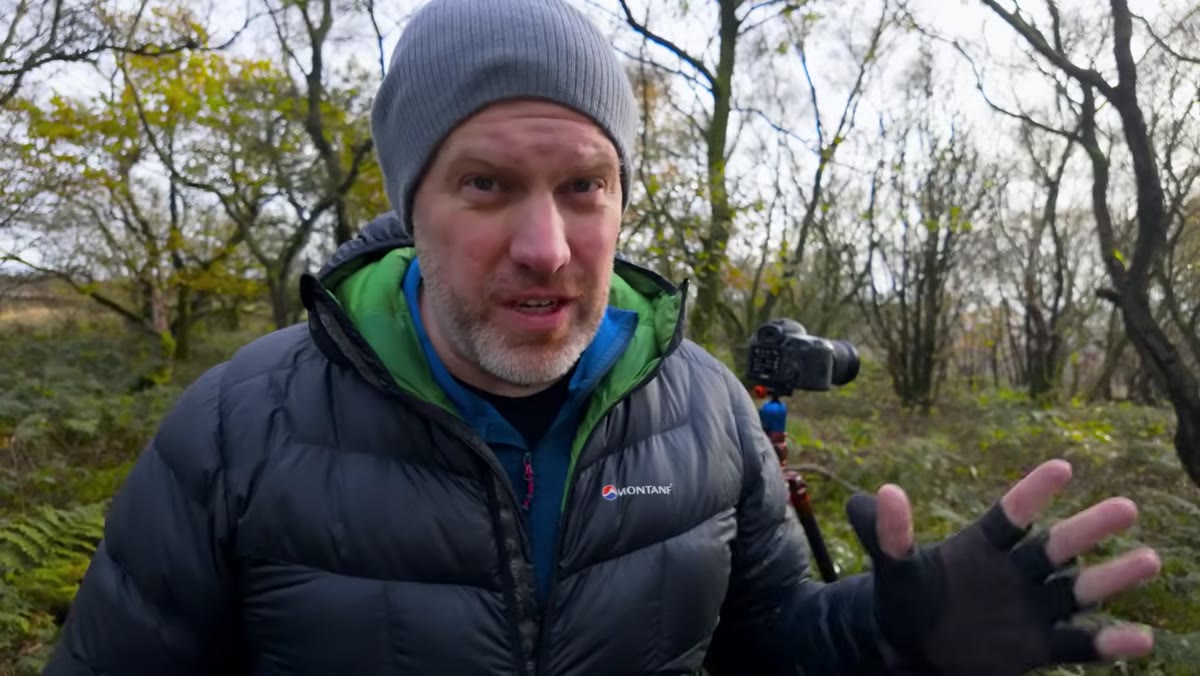 Photographer setting up tripod among moss-covered woodland trees