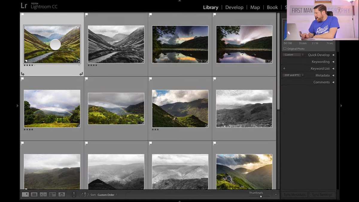 Camera settings displayed: F16, ISO 100, HDR three-shot bracket