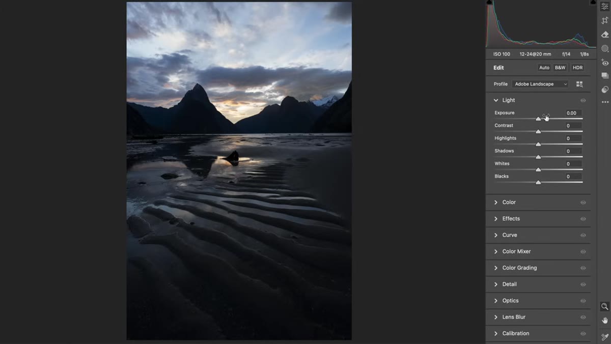 Exposure slider being pulled right, image brightening evenly