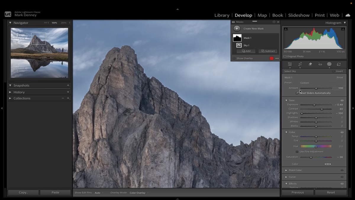 Amount slider in Lightroom mask panel pulled below 100
